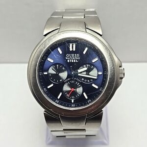 Mens Guess Waterpro Chronograph 42mm Watch G10117G Silver Blue New Battery